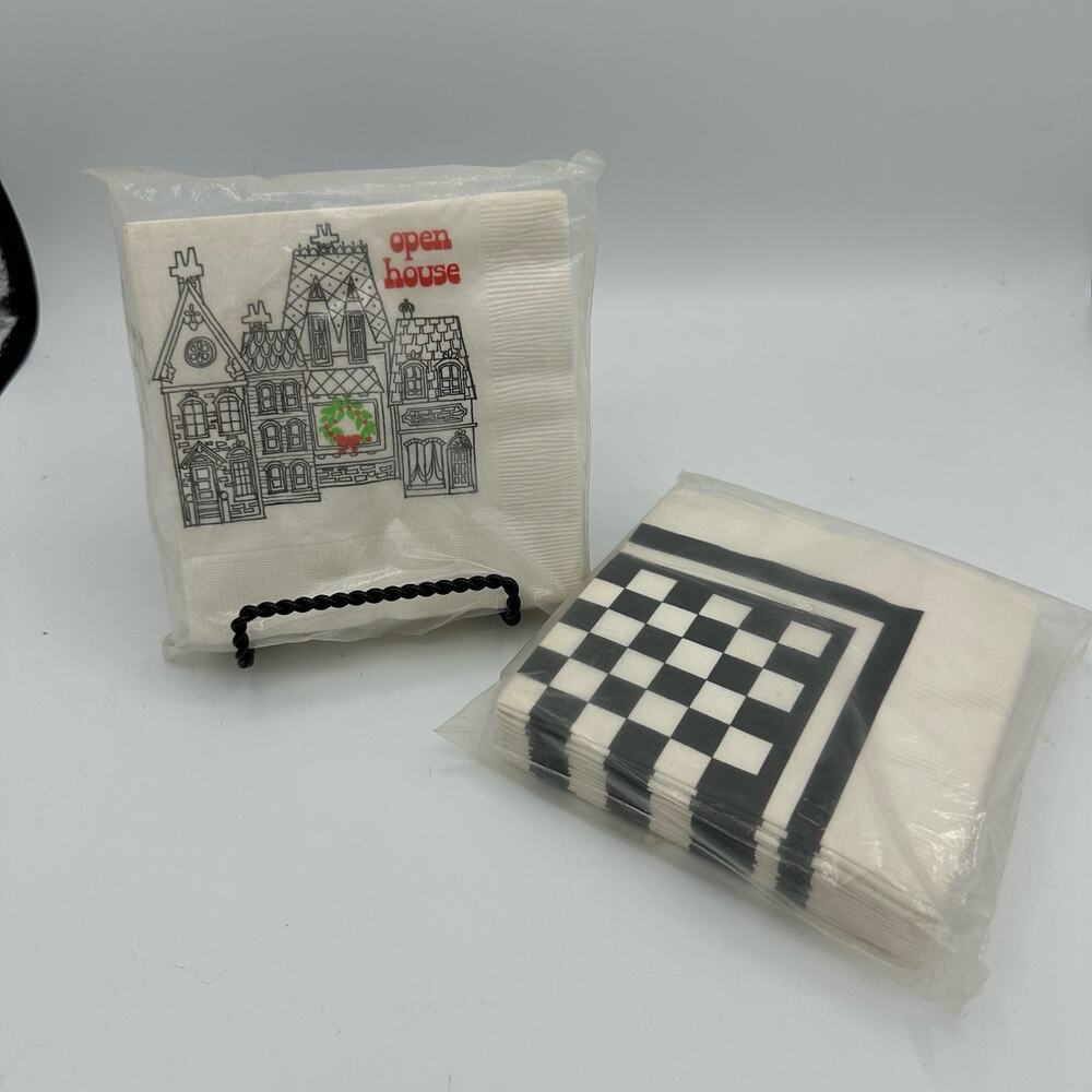 Vintage Paper Cocktail Napkins  New Old Stock Open House and Checkerboard